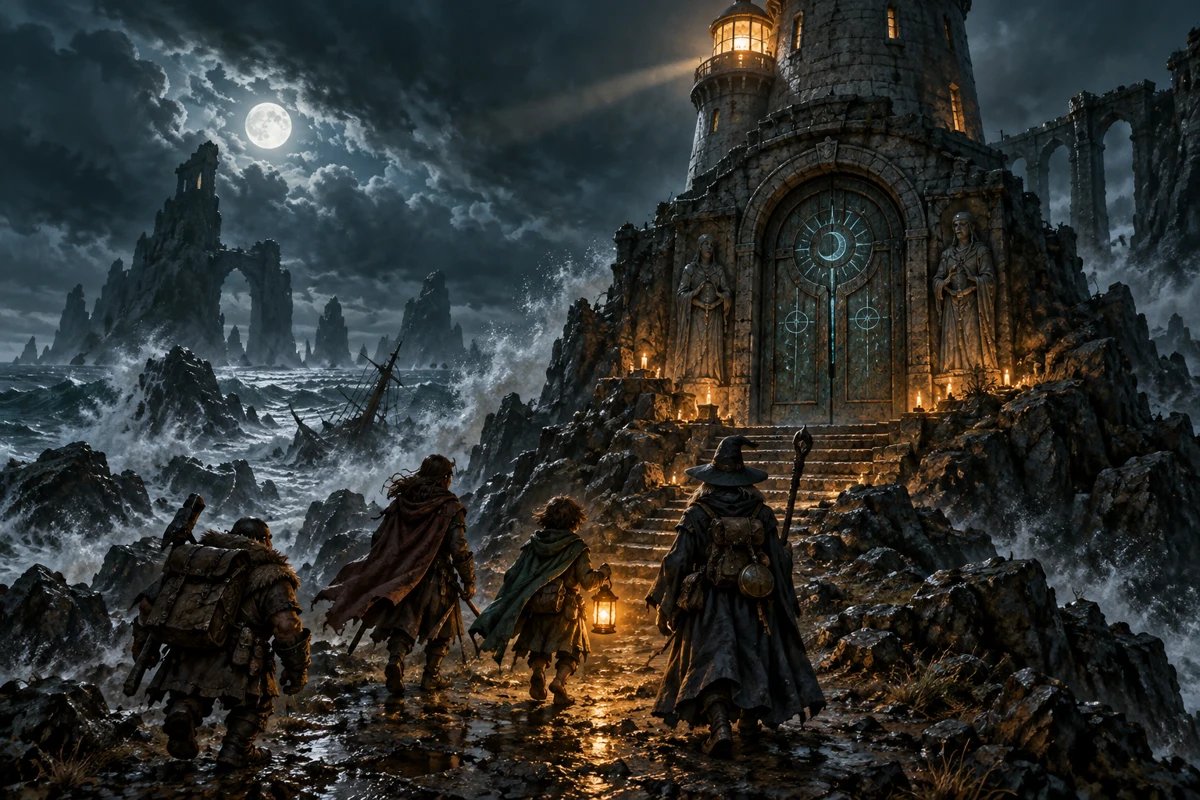 Adventurers approaching a mysterious lighthouse